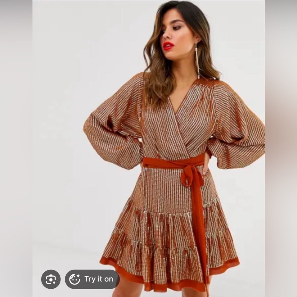 ASOS Rust Metallic Wrap Mini Dress with Self-Tie Belt